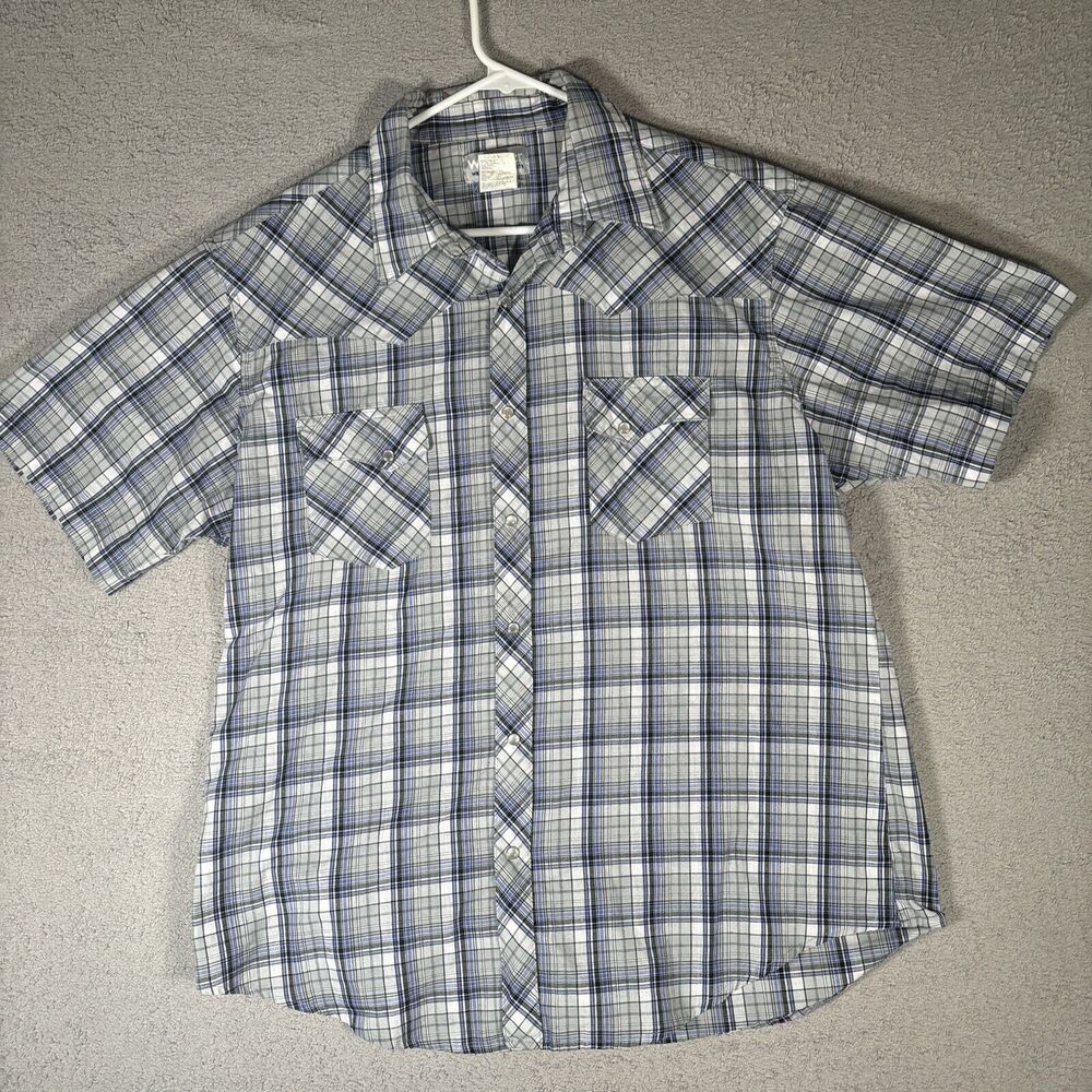 Wrangler Wrancher Mens XL Gray Plaid Short Sleeve Pearl Snap Western Shirt
